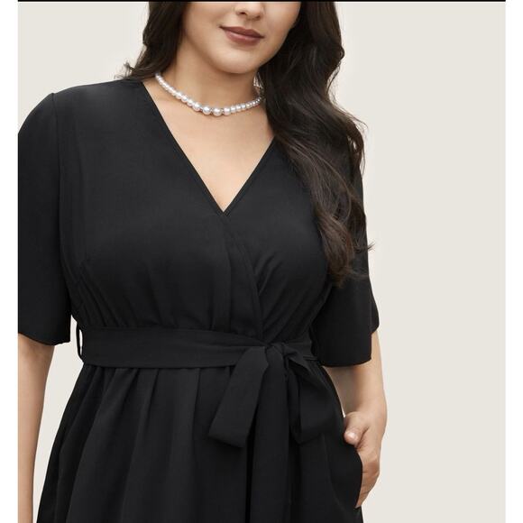 5X 28 Plus Size Black BloomChic Solid Tie Surplice Ruffle High Low Dress - Picture 7 of 7